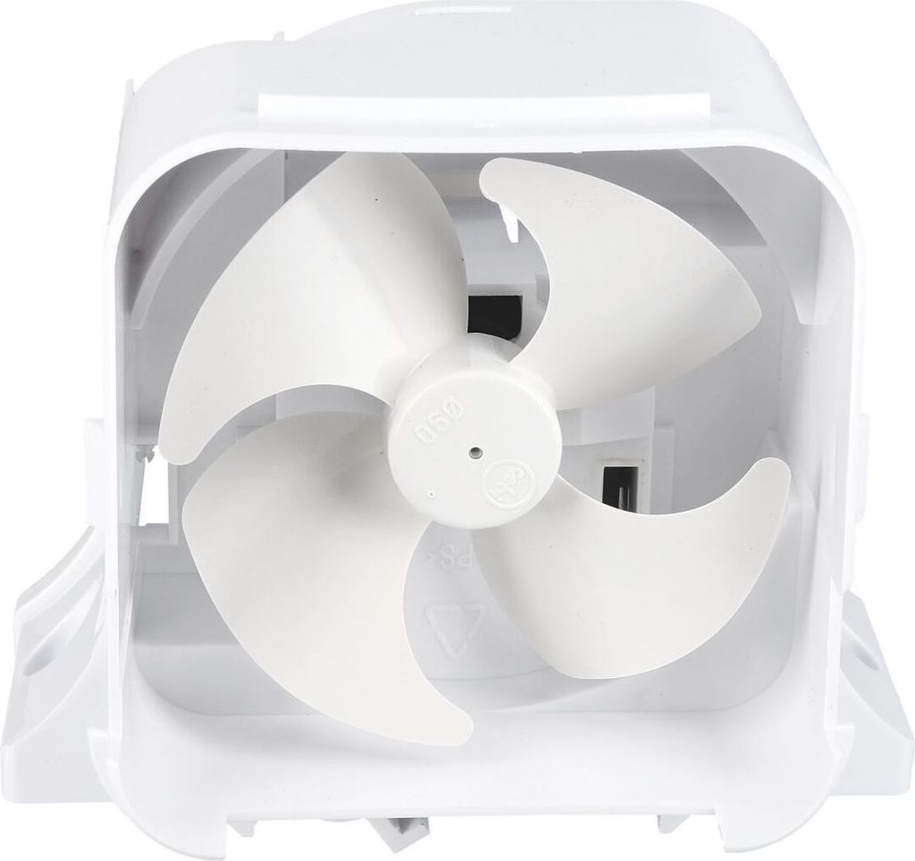 A white fan component for a refrigerator.