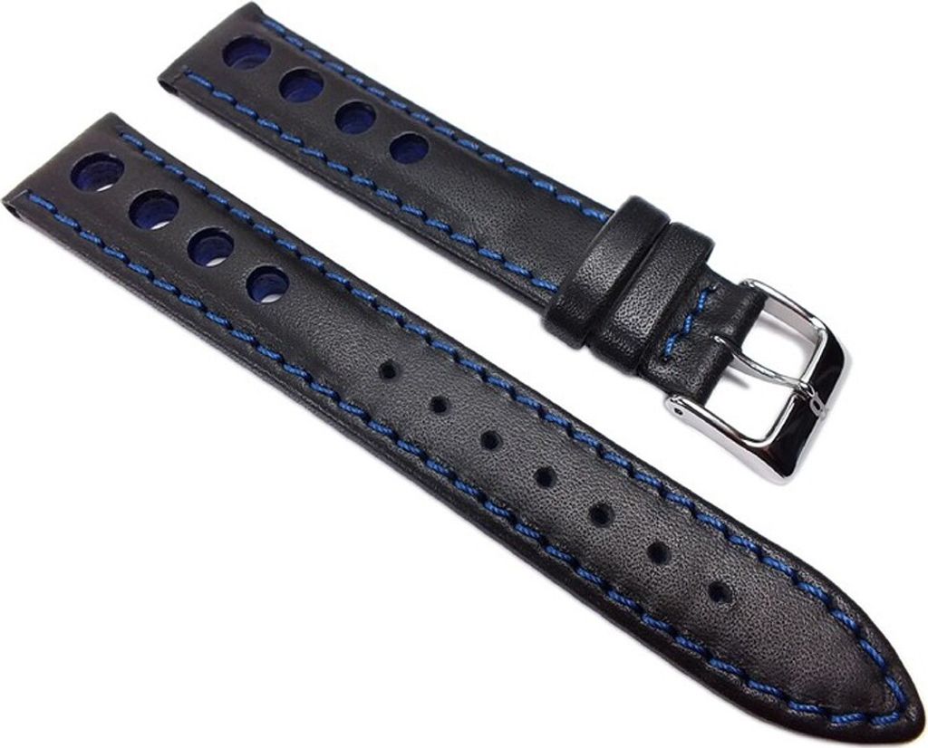 Racing Ersatzband Uhrenarmband Rindsleder Band mit Lochmuster schwarz/Blau 22213S, Stegbreite:18mm