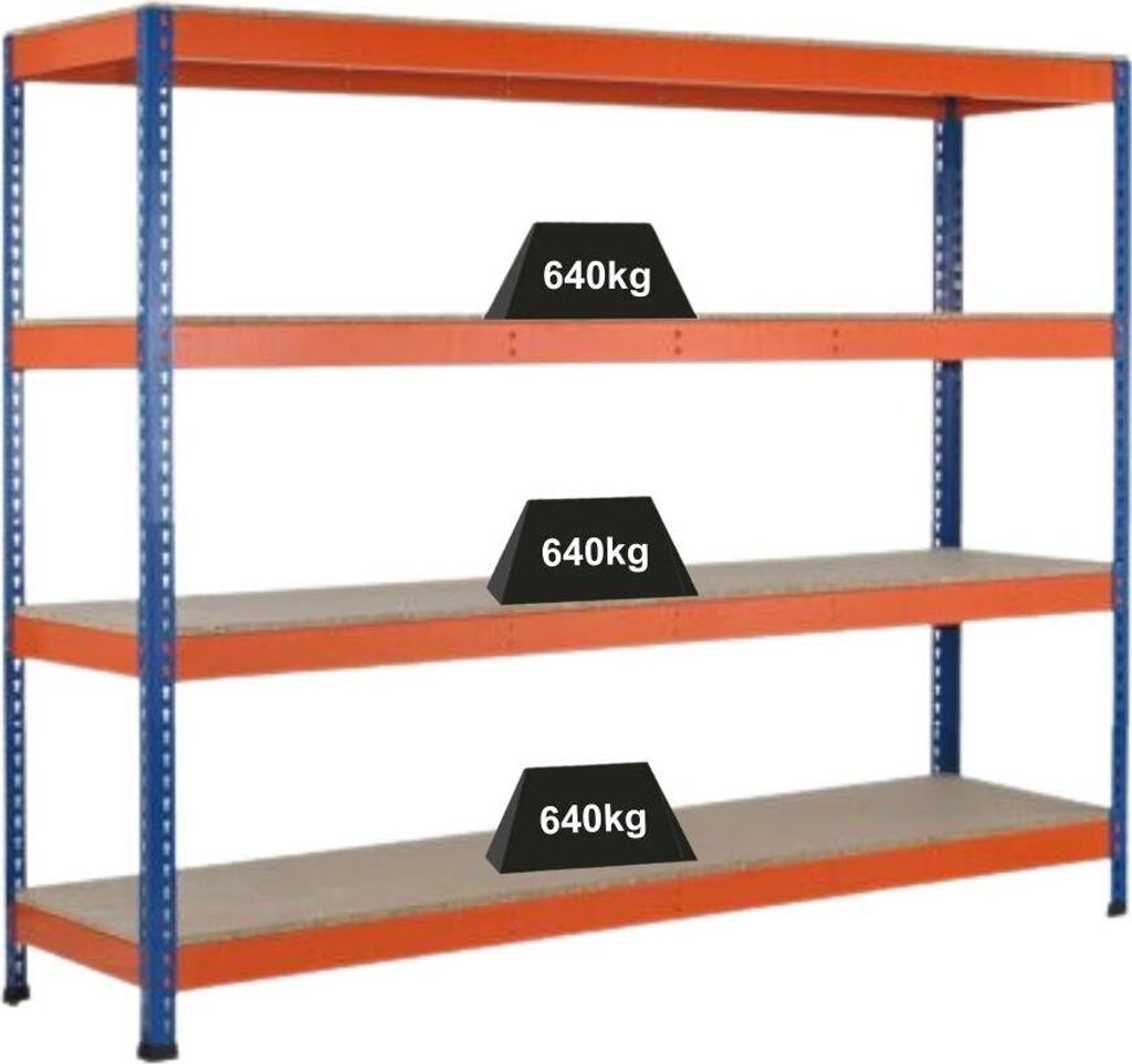 Schulte Weitspannregal mit Spanplatten Z1 | HxBxT 304,8x153,6x62cm | 4 Ebenen | Fachlast 640kg | Blau/Orange/Verzinkt