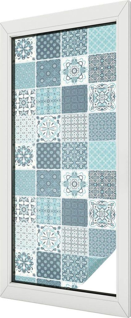 Buntglas Fensterfolie – 116x50 cm – Stained-Glass Design – blickdichte dekorative Sichtschutzfolie – selbstklebend, UV-Schutz – Boho-Fliesen