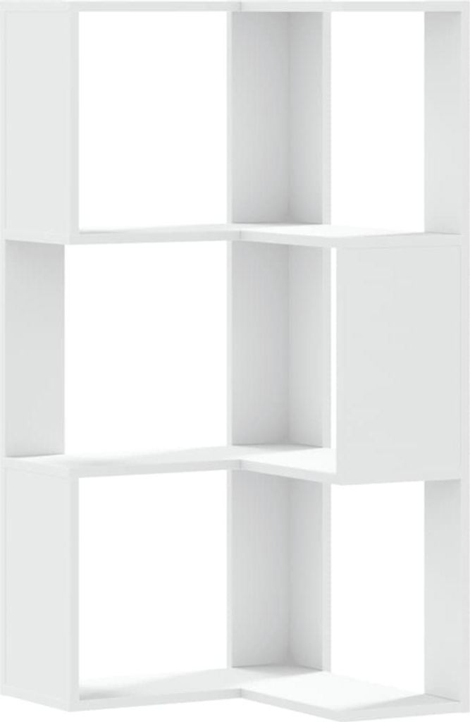 A white corner bookshelf with three levels.
