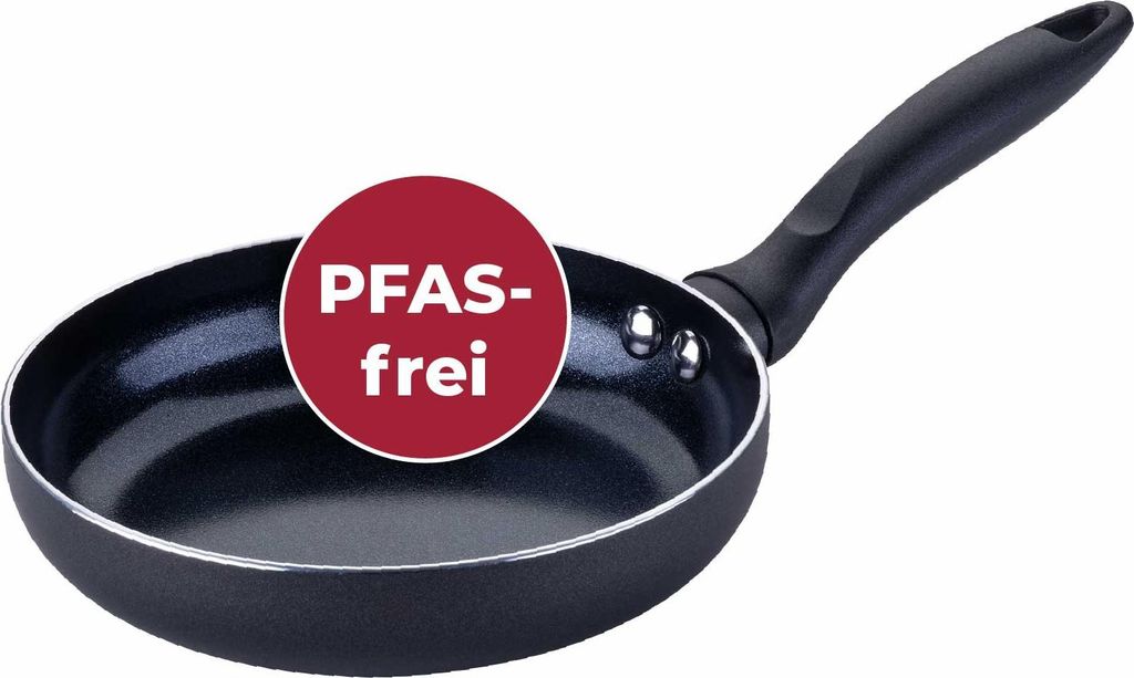 A black frying pan with a red circular overlay indicating it is PFAS-free.