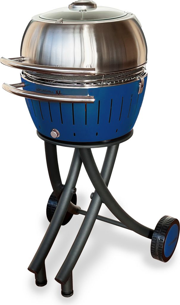 LotusGrill XL Gartengrill Set Tiefblau - Grillwagen mit Grillhaube XL Edelstahl