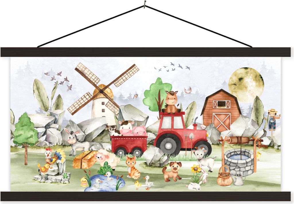 MuchoWow Textilposter Bauernhof - Traktor - Kinder - Tiere 60x30 cm mit schwarzem Rahmen - Textilien