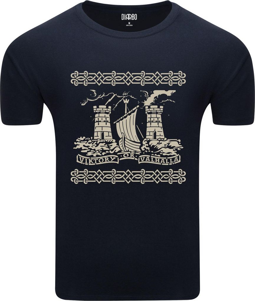 Diarbo Herren T-Shirt mit Wikinger Druck Sieg oder Walhalla Dunkelblau Gr.S