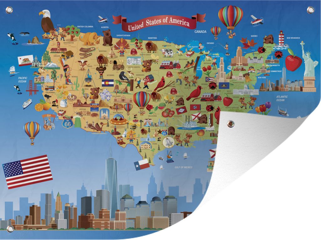 MuchoWow 80x60 cm Outdoor-Poster Gartendeko Sichtschutz Garten Poster für den Garten Eine Illustration einer Cartoon-Karte von New York und den USA