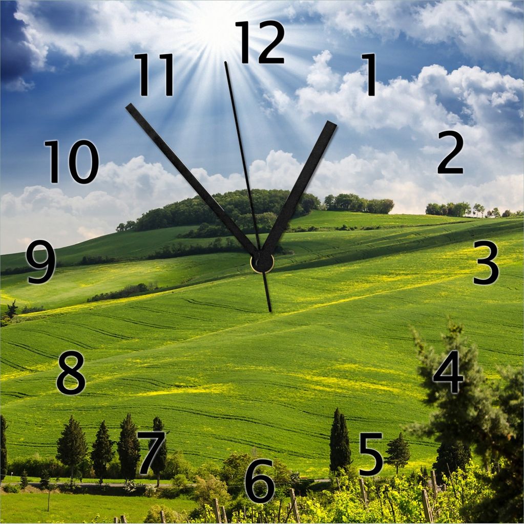 Wallario Design Wanduhr Strahlender Sonnenschein aus Echtglas, Größe 30 x 30 cm