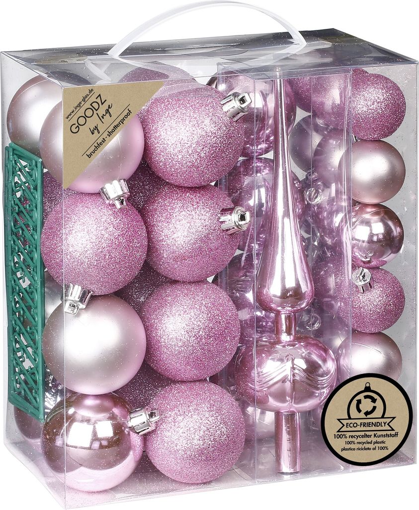 Weihnachtskugeln Kunststoff 4-6cm mit Baumspitze 39er Set - Rosa Mix