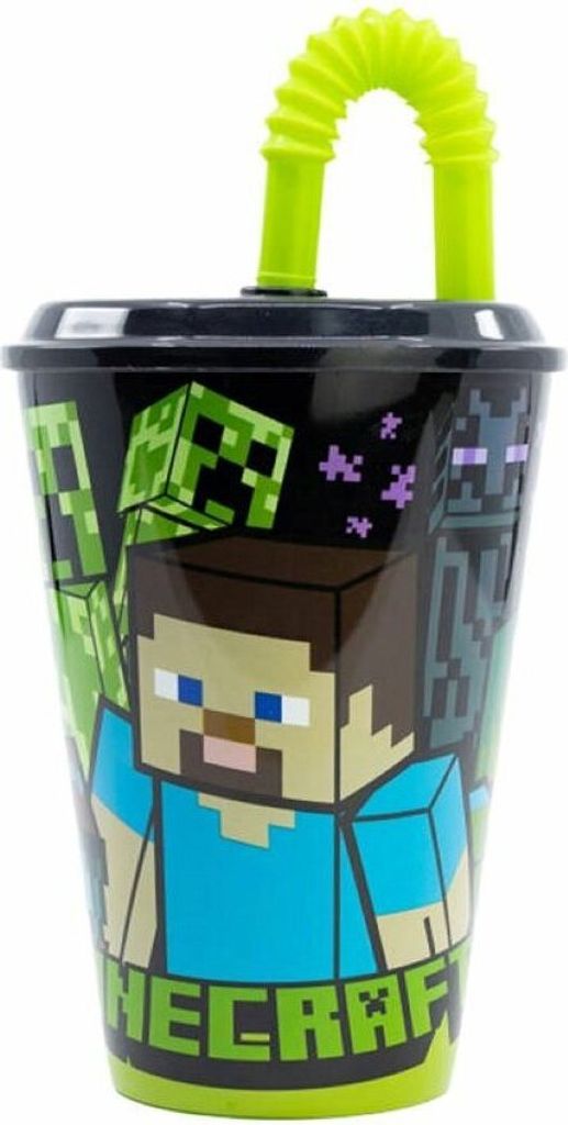 Minecraft Kinder Trinkbecher Mehrweg mit Deckel und Trinkhalm 430 ml BPA frei