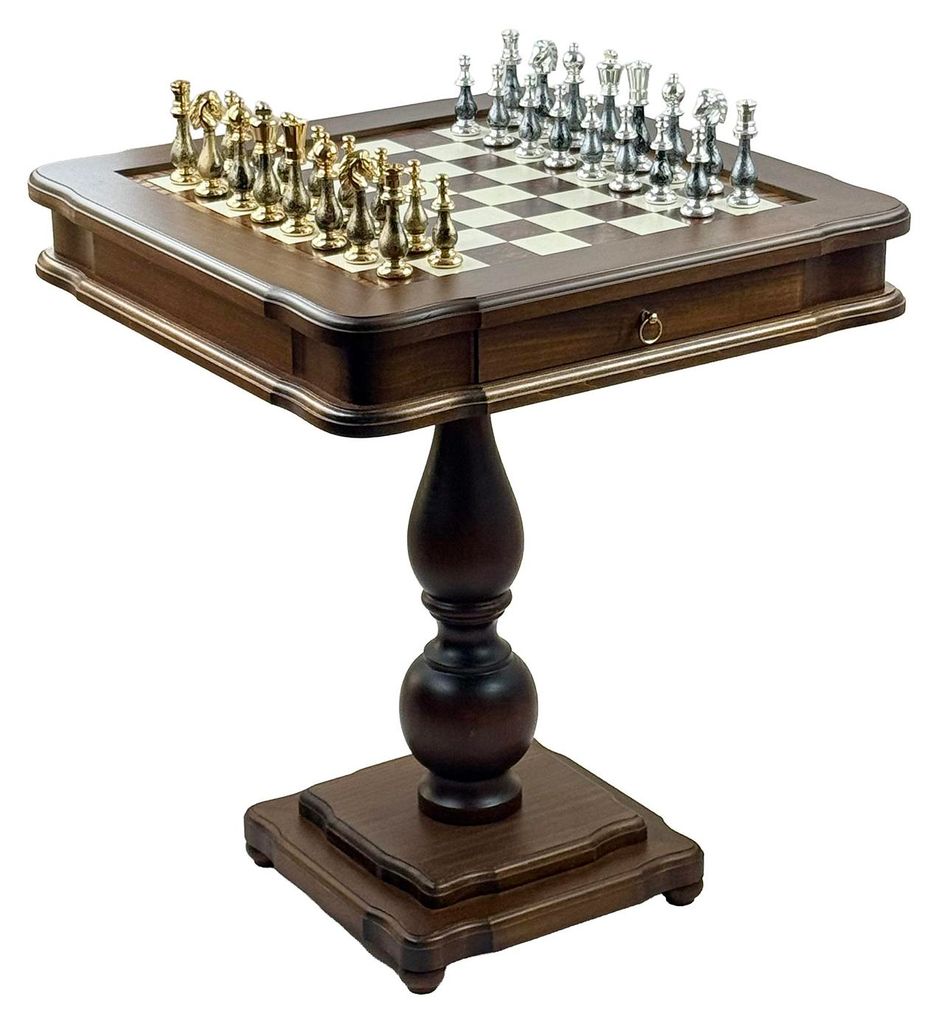Luxus 2-in-1 Schach-Set: Italfama Schachtisch, 24k Vergoldete & 925 Versilberte Figuren & Damesteine