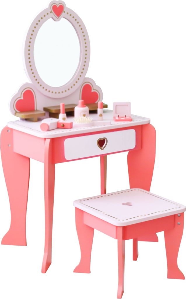 Rijoka Kinder Schminktische aus Holz mit Hocker und Spiegel – Schminkkommode – 49 x 34 x 97 cm - Rosa