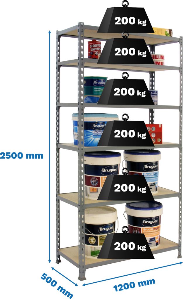 PROREGAL Schwerlastregal GIANT MULI | HxBxT 250x120x50cm | 6 Fachböden | Fachlast 200kg | Grau | Lagerregal Kellerregal Werkstattregal Metallregal...