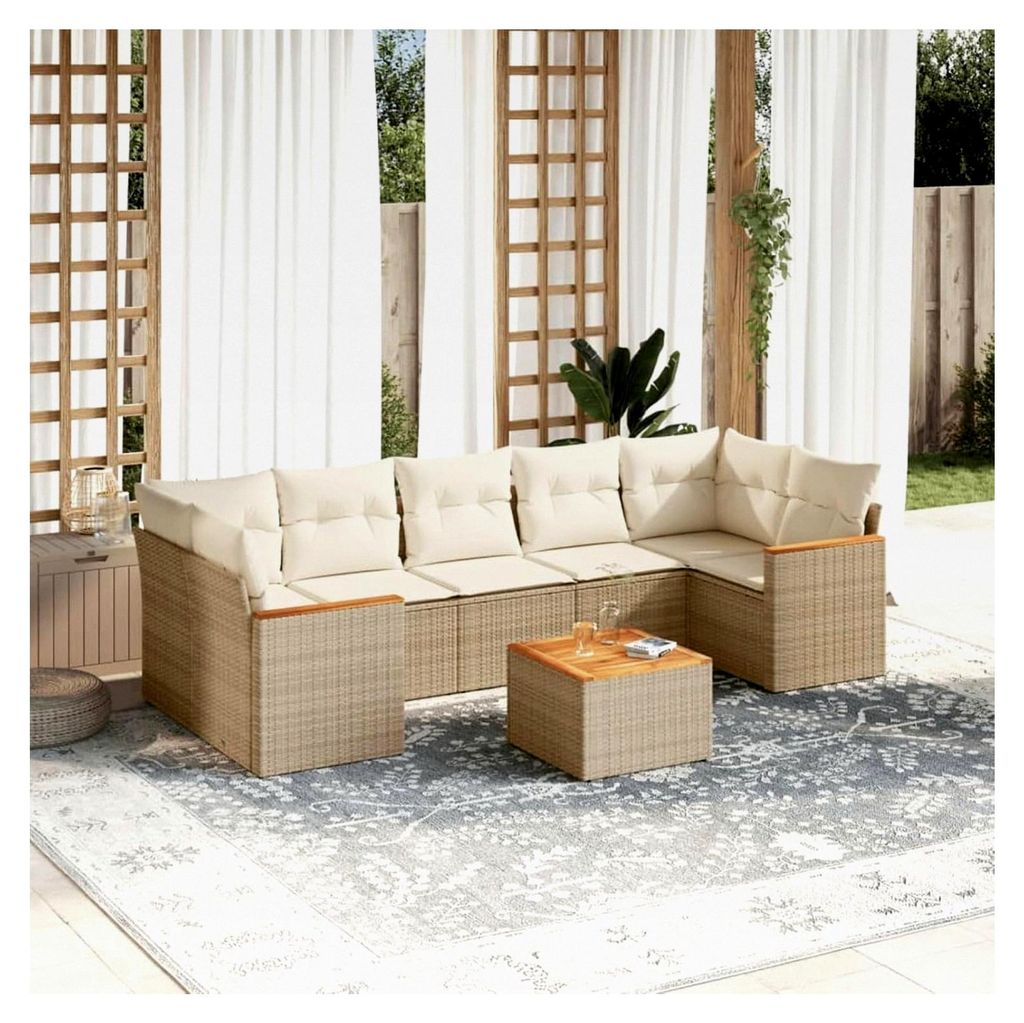 Gartenmöbel-Set mit Kissen, Beige, 8-teilig, PE-Rattan