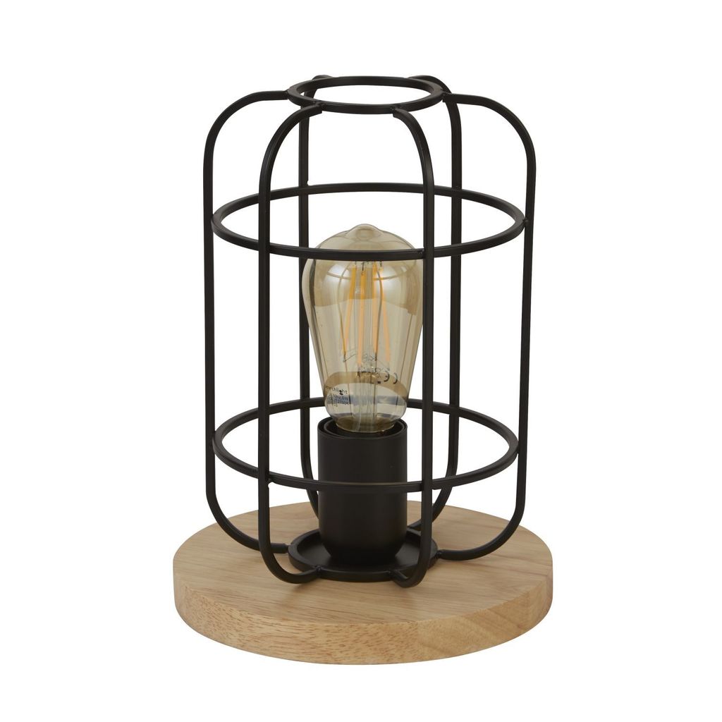 Tischlampe Metall E27 rund Ø 18 cm 24,5 cm Schwarz Natur Retro Design Frame Schirm Nachttischleuchte