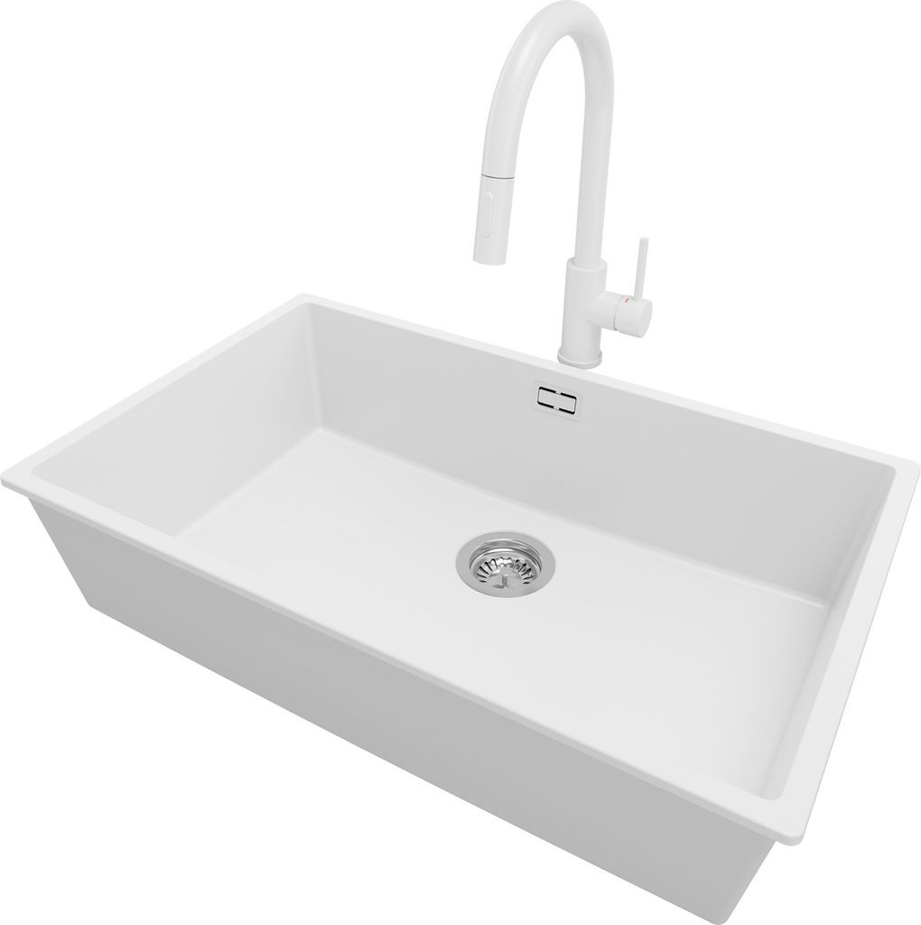 PRIMAGRAN Unterbauspüle Granit Weiß 76x47cm, Spülbecken 1 Becken + Küchenarmatur 40x20cm + Ablauf-Set, Granitspüle ab 80er Unterschrank - London