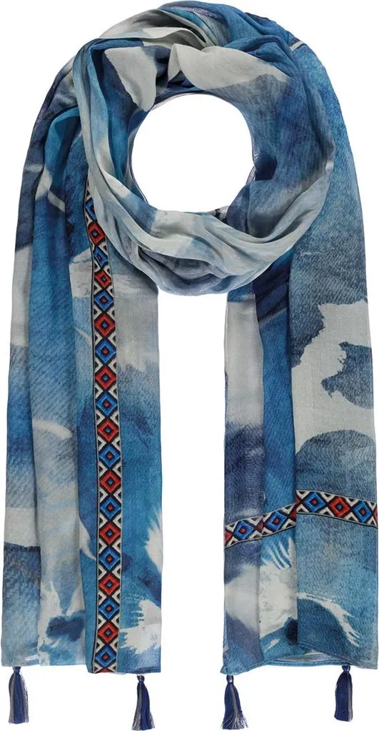 Sciarpa da donna con fiori e frange, blu Passigatti