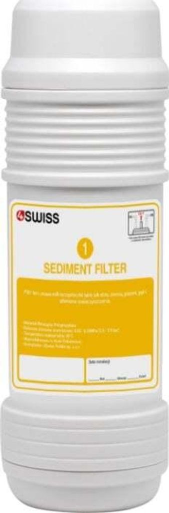 A white sediment filter cartridge with a yellow label.