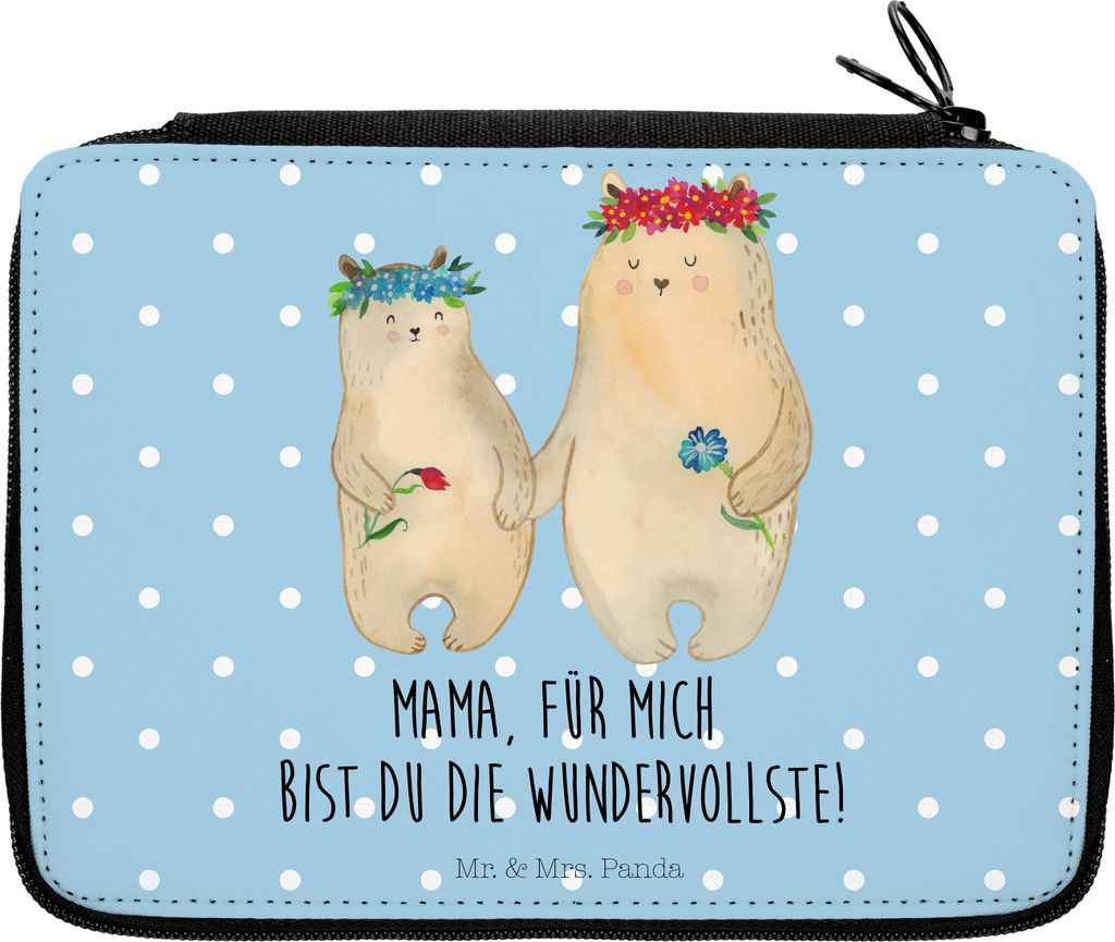 Mr. & Mrs. Panda Bleistiftetui Bären mit Blumenkranz - Blau Pastell - Geschenk, Family, Mama, Schreibmappe, Muttertag, Federtasche, Federmappe, M...