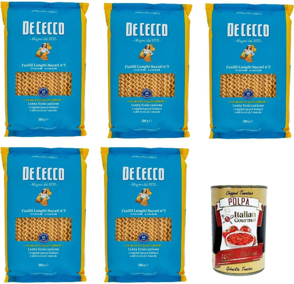 De Cecco Pasta Fusilli Lunghi Bucati n°5 100% Italienisch Nudeln 5x 500g + Italian Gourmet Polpa 400g