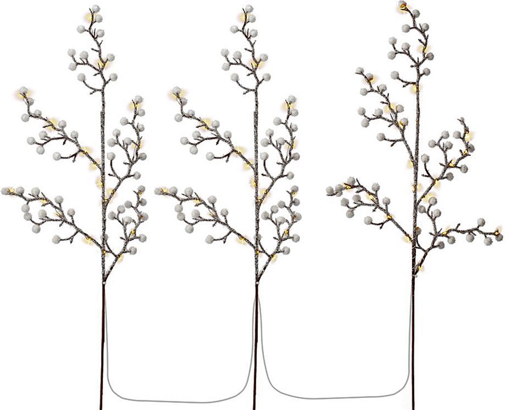Three illuminated branches with small white spheres and yellow lights, set against a white background.