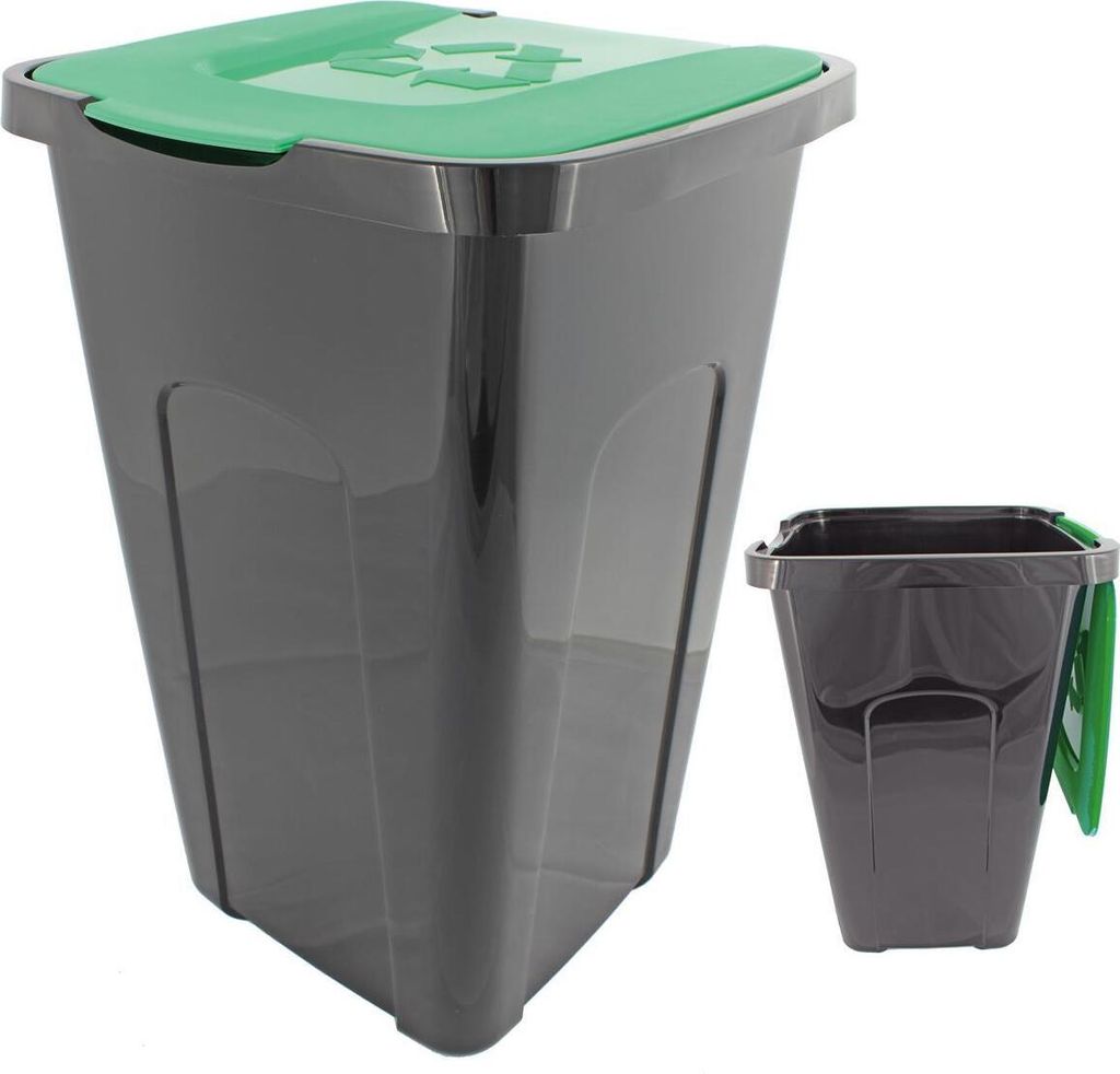 Abfalltonne Recycling, 50 Liter, 56 x 36 x 36cm, Mülleimer Tonne Schwarz, Deckel GRÜN