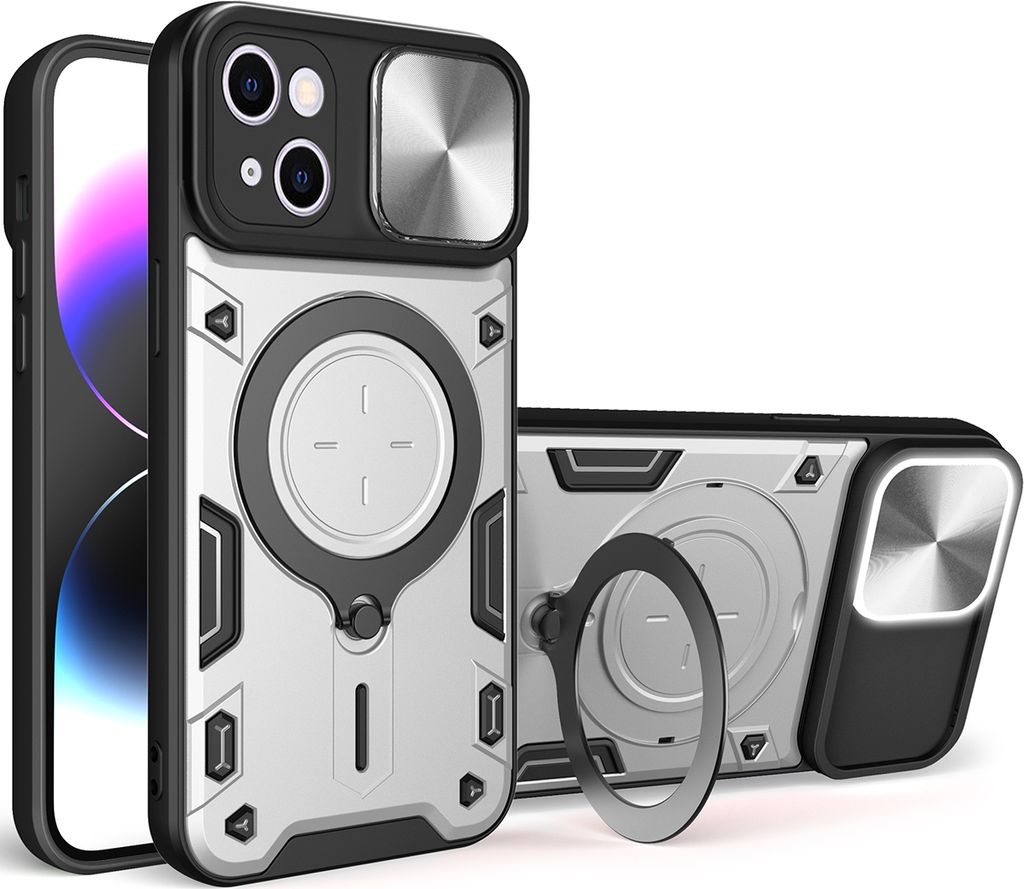 Handyhülle für iPhone 15 Dual-Layer Stoßfest Rüstung Hülle mit Dia Kameraschutz und Kreisförmig Ring Ständer Silber