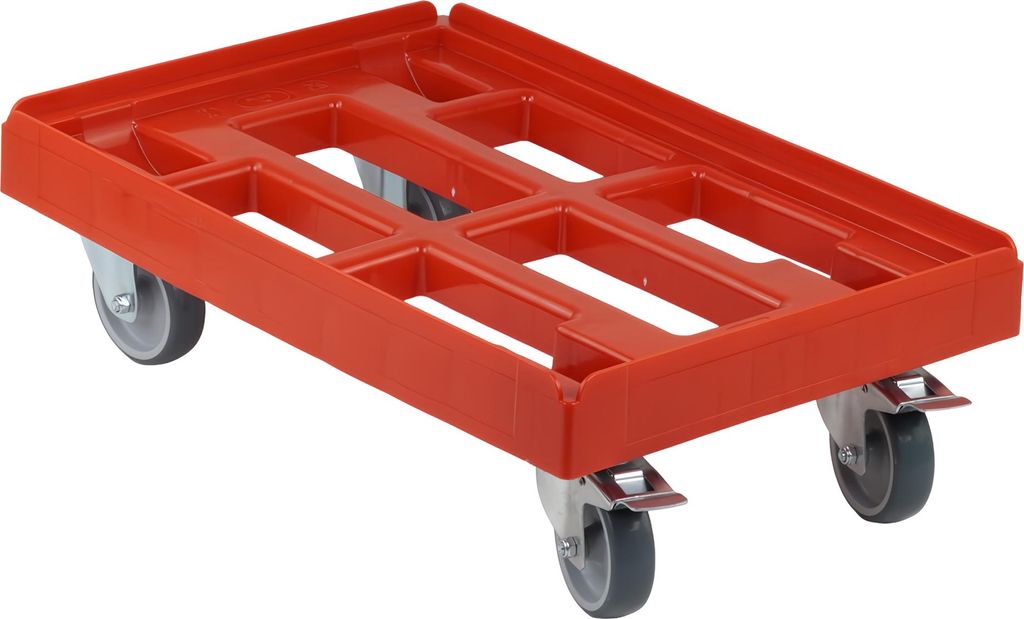 Transportroller 600 x 400 mm - Typ A-F - 2 Bock- und 2 Lenkrollen mit Feststellbremse : rot Farbe: rot