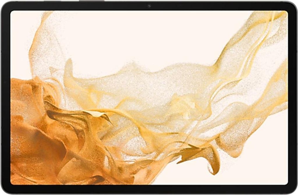 A tablet displaying a flowing abstract image on its screen.