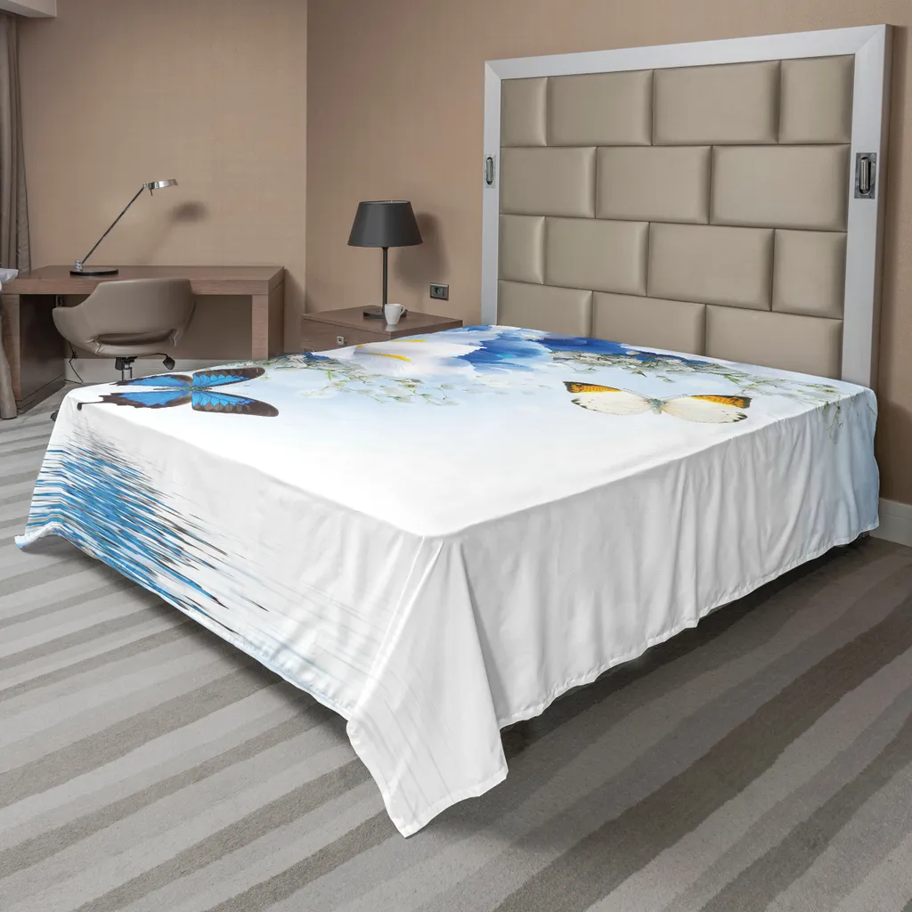 Drap de lit décoratif motif floral pour grand lit bleu et blanc 1p