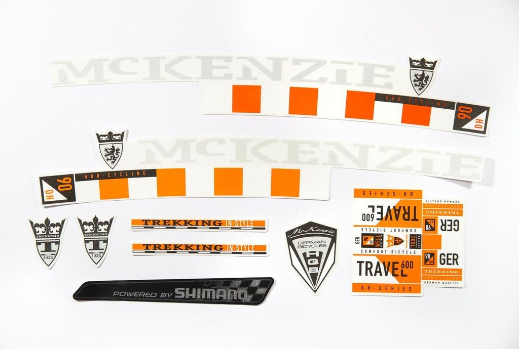 Fahrrad DEKOR Satz Aufkleber Rahmen frame Decal Sticker MC KENZIE orange weiß
