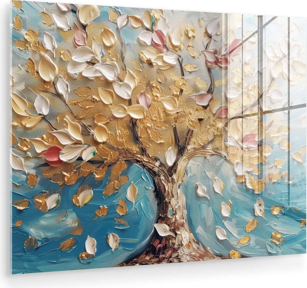 MuchoWow Glasbilder - Bilder auf Wandbild - Foto auf Glas Baum - Blau - Gold - Abstrakt - Modern 80x60 cm Wanddekoration aus Glas - Acrylglasbild -...