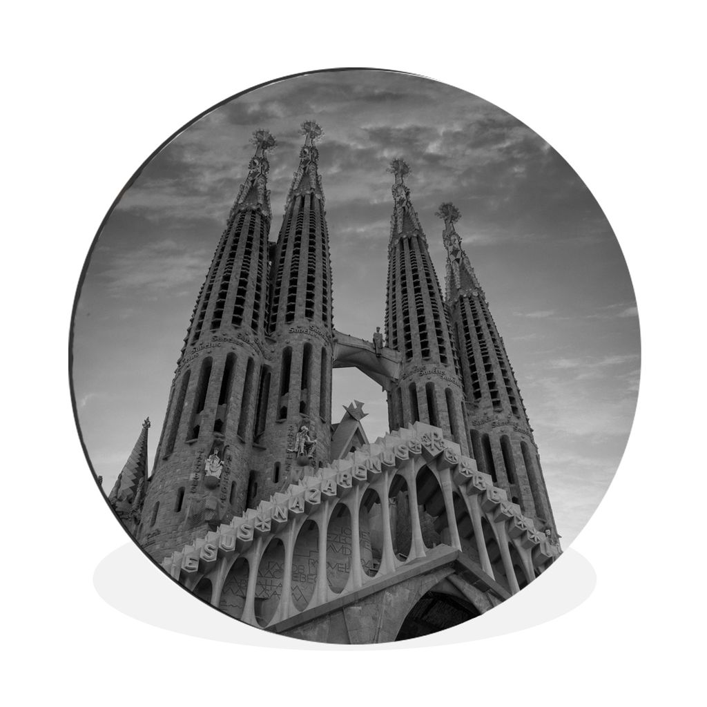MuchoWow Aluminium Wandkreis Sagrada Familia Kathedrale in Barcelona bei Sonnenuntergang - schwarz und weiß Ø 90 cm Wanddeko Modern Wohnzimmer ...