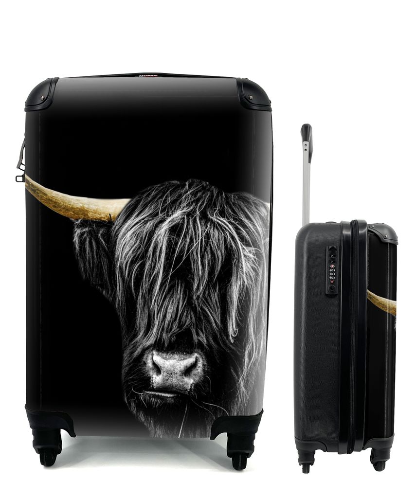 MuchoWow Koffer Handgepäck Trolley Rollkoffer Kleine Reisekoffer mit 4 Rollen - Schottischer Highlander - Horn - Gold - Cabin Size < 55x40x23 cm...