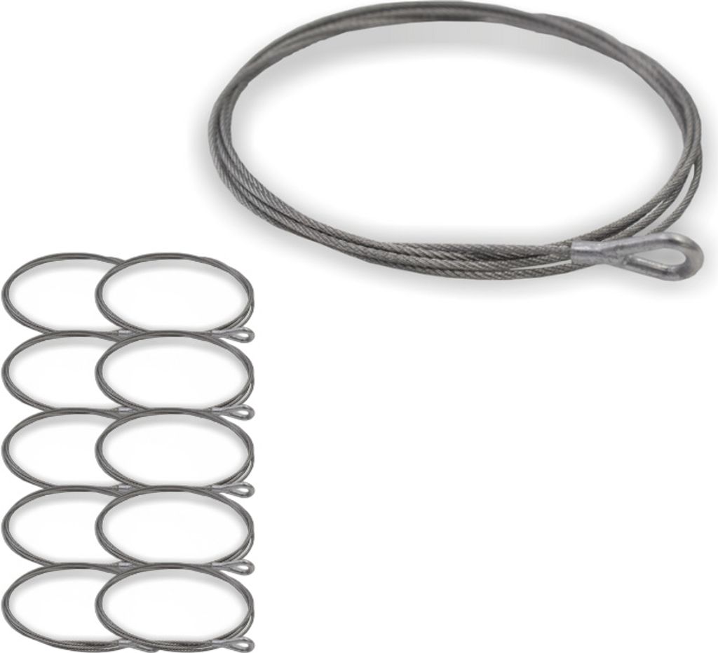 10x Drahtseil Ø 1,5 mm, 7x7 mit Zamak-Schlaufe, Stahl verzinkt | Länge 1500 mm
