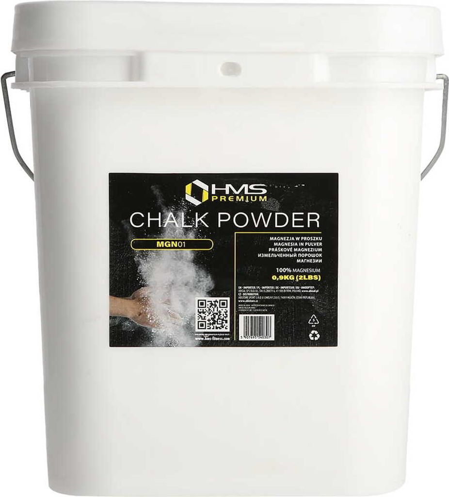 A white bucket of chalk powder with a black label.