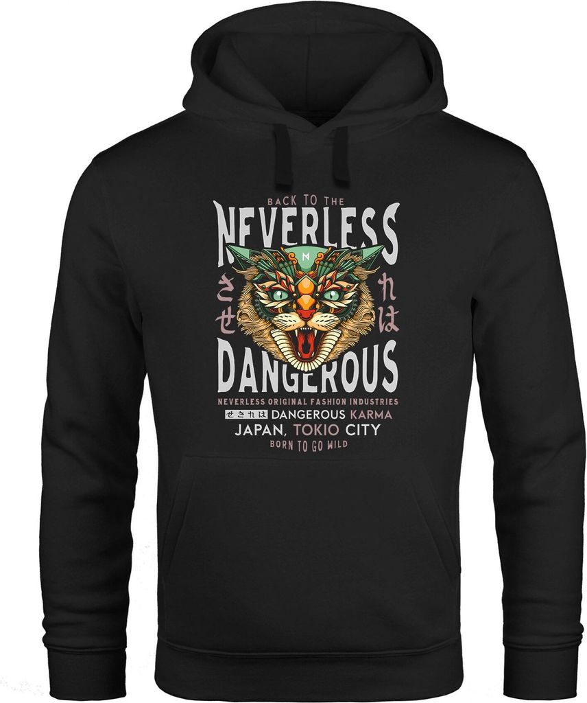 Hoodie Herren Design Print Katzenkopf Dangerous Cat Motiv Japan Tokio City Schriftzug Fashion Streetstyle Kapuzen-Pullover Männer Neverless schw...