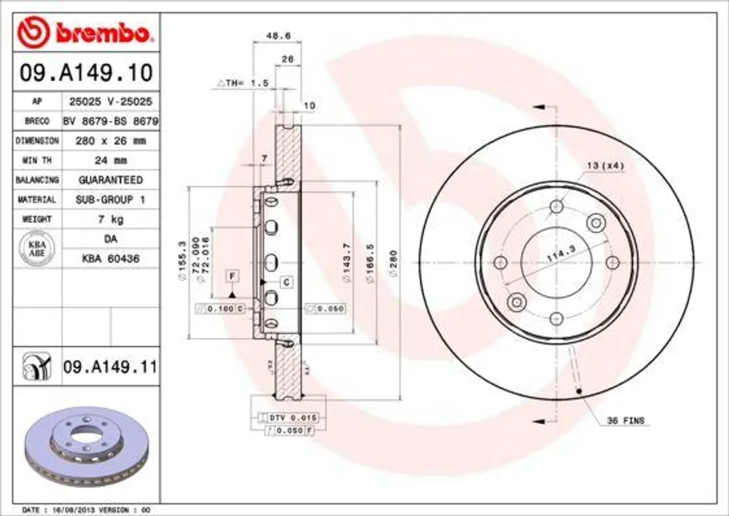 Disque de frein Brembo 09.A149.11 pour entretien Kia Carens II (FJ)