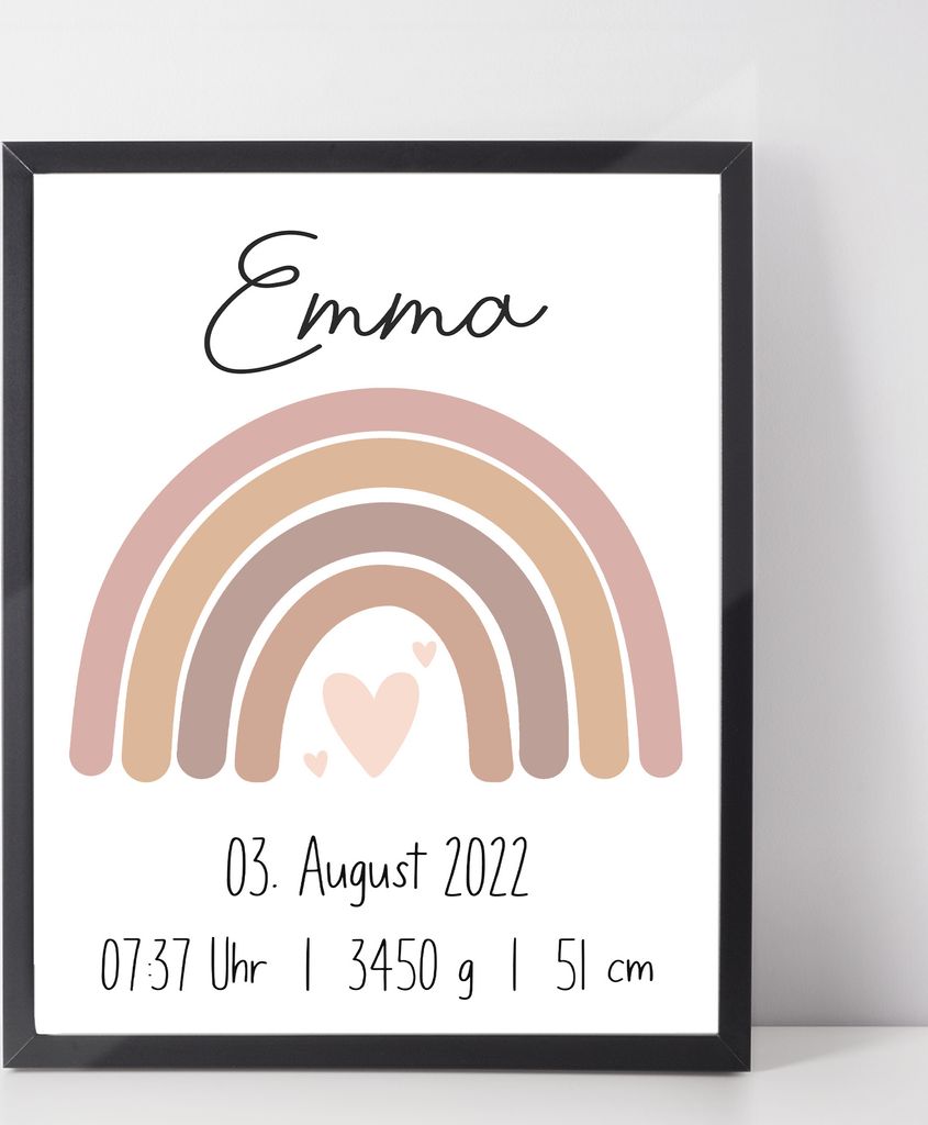 Rosa Regenbogen Geburtsposter Personalisiert Name Uhrzeit Größe Gewicht | Kinderzimmer Babygeschenk | Geburt Baby Poster – A3 (29.7x42cm) / sch...