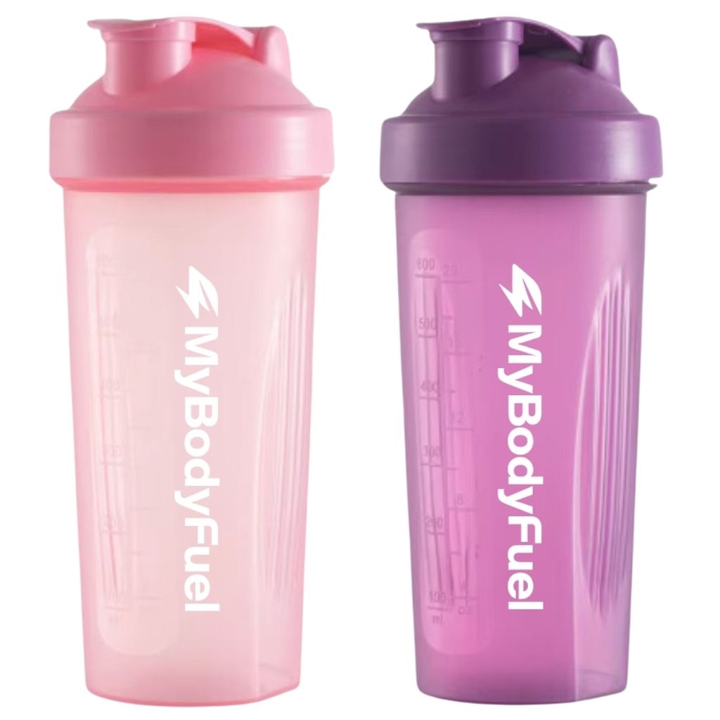 MyBodyFuel Shake Becher (2er Set) – Protein Shaker mit Mixfilter, 700 ml, BPA-frei – Für Smoothies & Proteinshakes (Rosa/Lila)