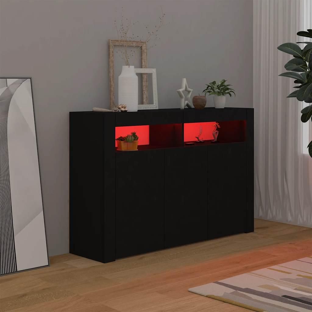 A black sideboard with red LED lighting is displayed in a room with gray walls and a wooden floor.