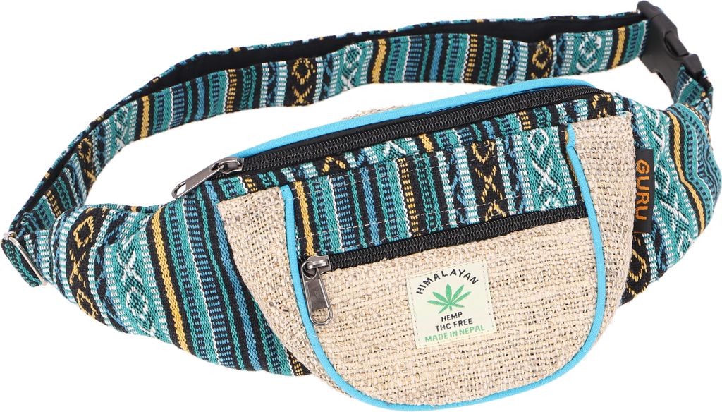 Praktische Hanf Gürteltasche, Crossbag, Ethno Bauchtasche, Crossbody Tasche - Natur/türkisblau, Uni - Erwachsene, Hanf,Baumwolle, 15*20*8 cm, Fes...