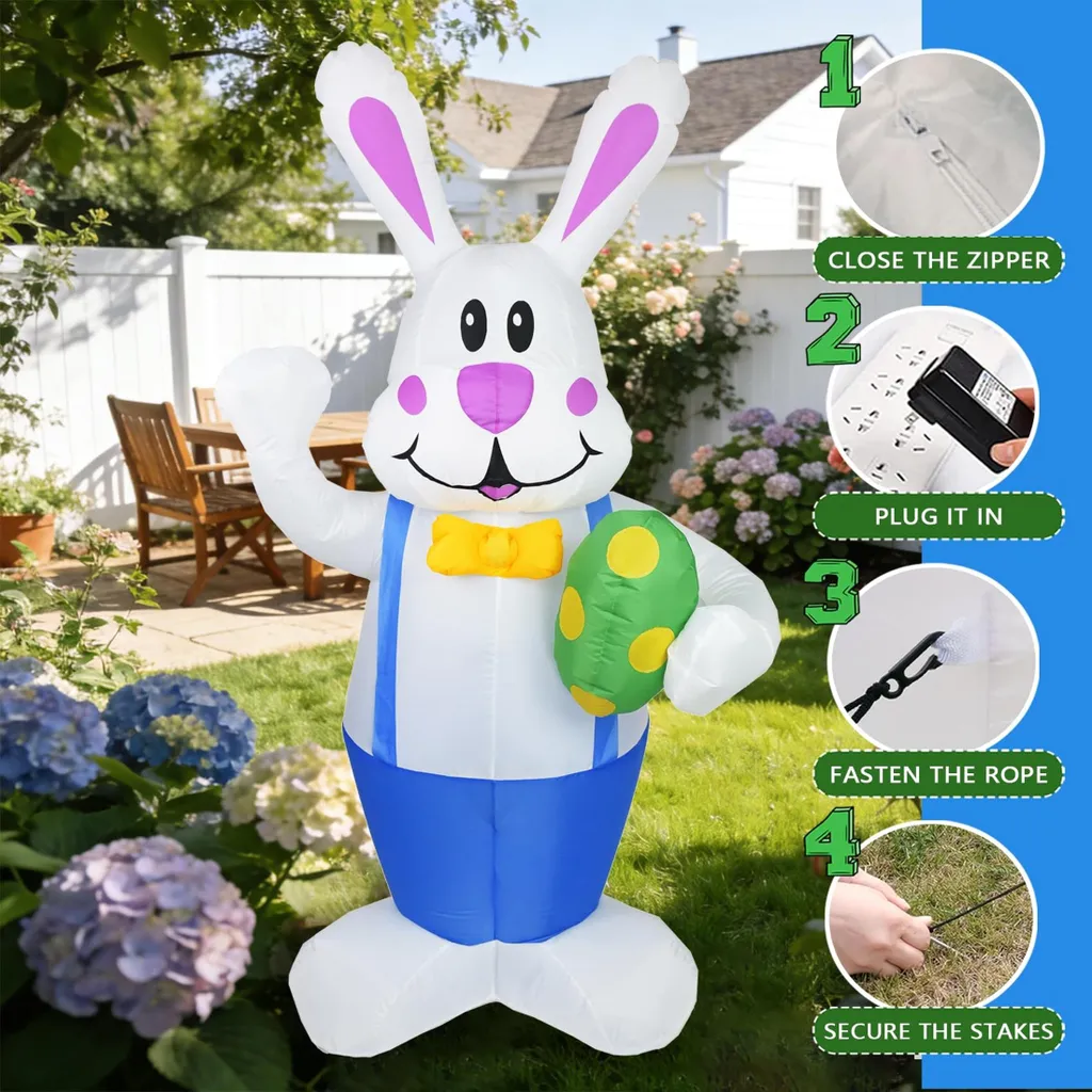 Lapin de Pâques Gonflable Autogonflant 1m90 - Installation Express - 3