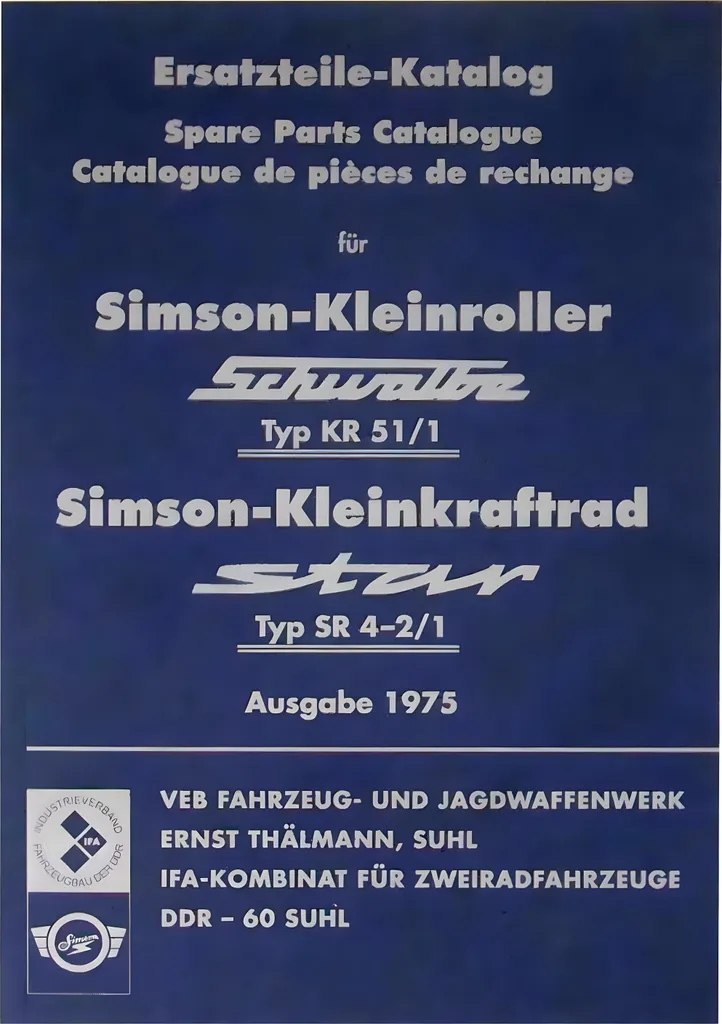 Livre de Pièces Détachées pour Simson Schwalbe KR51/1 - Version 1975