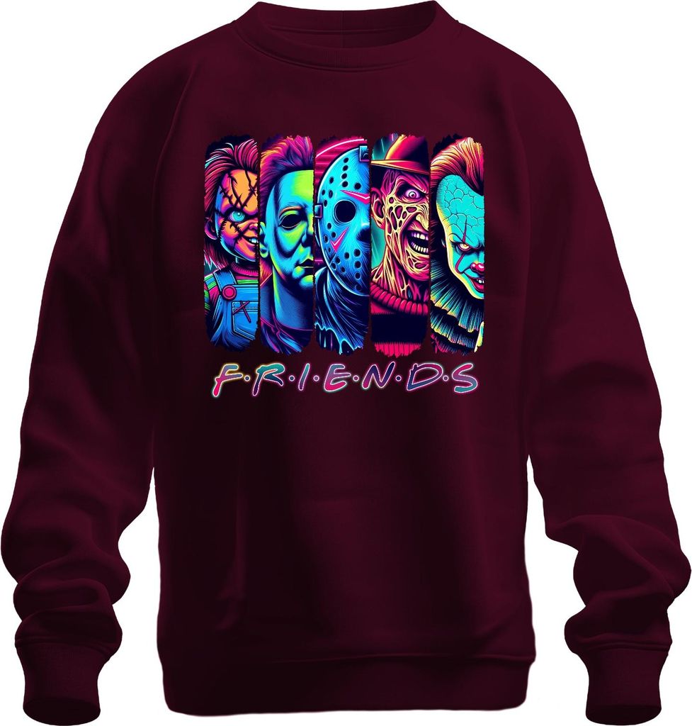 Horror Friends Neon Chucky Michael Myers Jason Freddy Pennywise Uni Sweatshirt Pullover, Burgundy, XXL