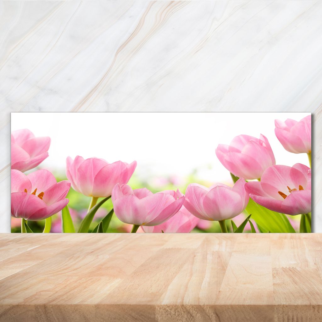 Tulup Küchenrückwand Spritzschutz aus Glas -125x50 -Spritzschutz auf gehärtetes Glas Deko Blumen & Pflanzen Rosa Tulpen