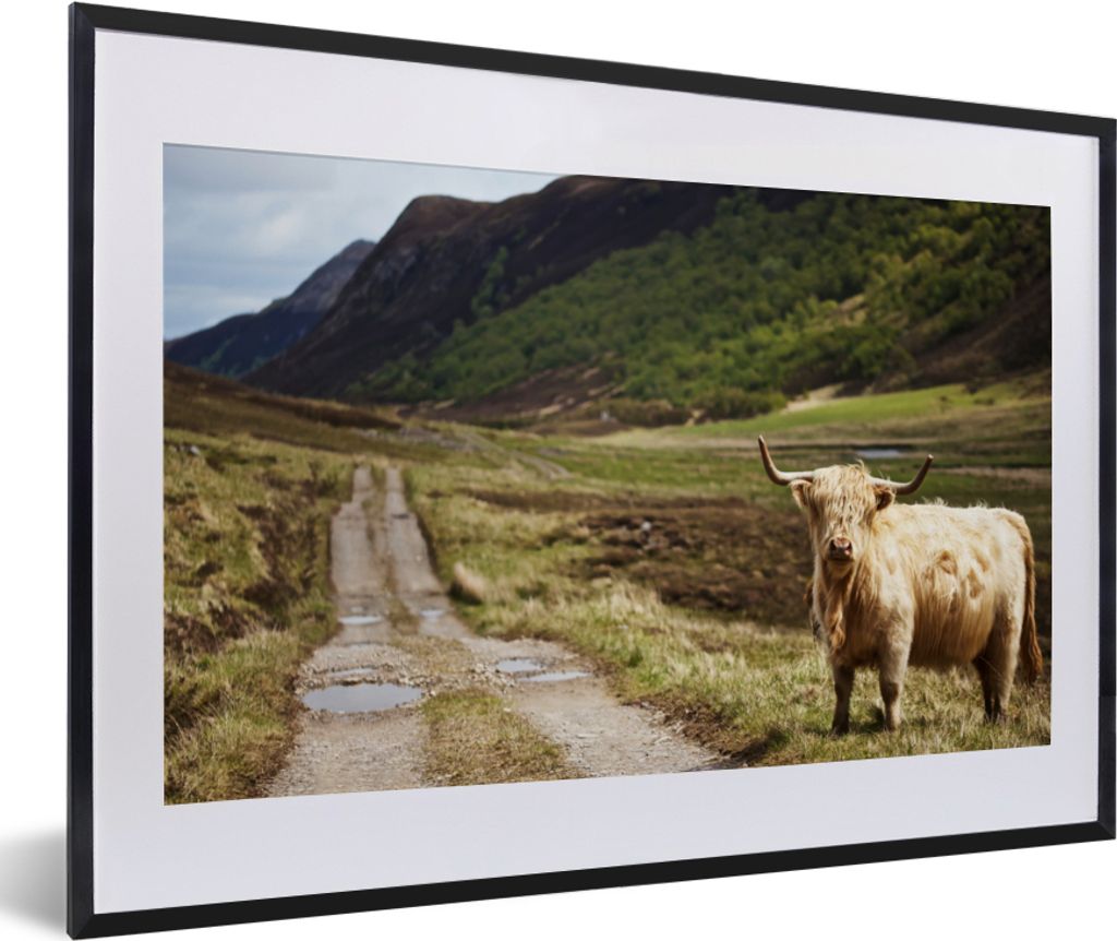 MuchoWow Gerahmtes Poster Schottische Highlander - Pfad - Wald 60x40 cm - Poster mit Schwarzem Bilderrahmen Wandposter Rahmen Foto Bilder - Schla...