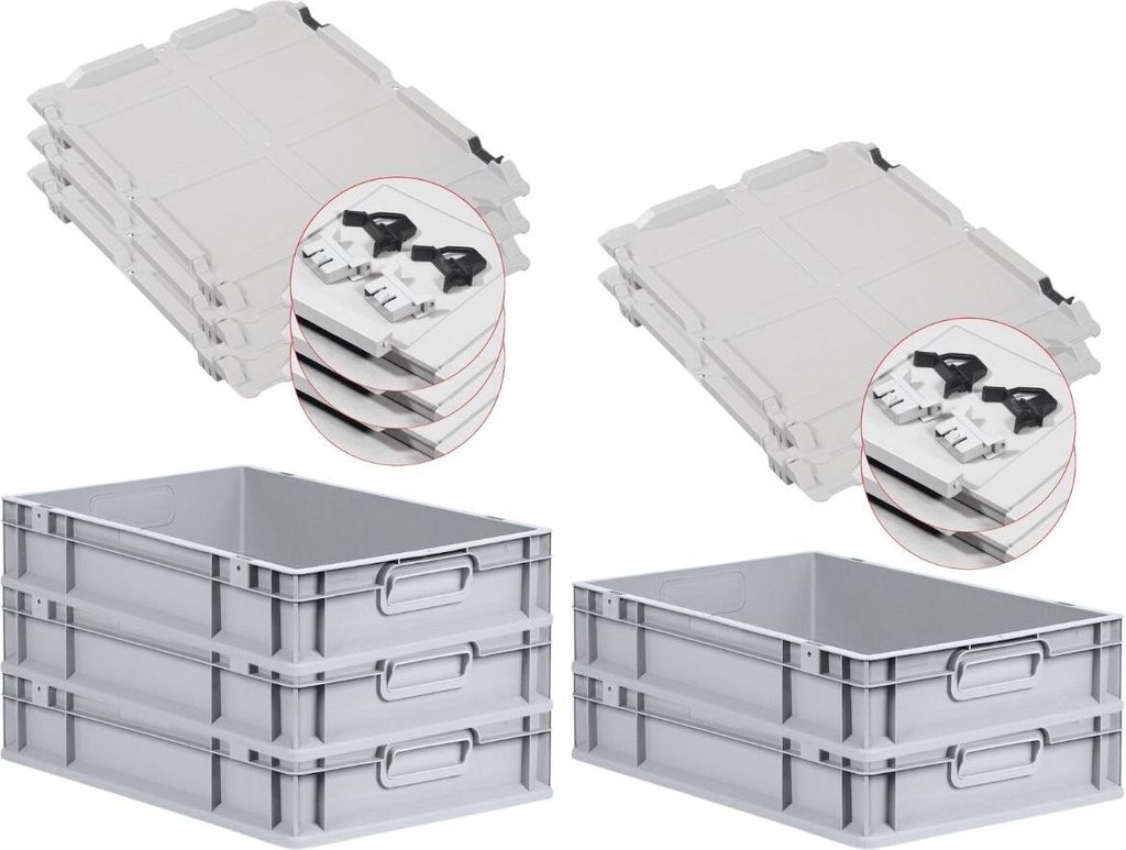 SuperSparSet 5x Eurobox NextGen Grip mit Scharnierdeckel und schwarzen Schiebeschnappverschlüssen | HxBxT 12x40x60cm | 23 Liter | Griffe geschloss...