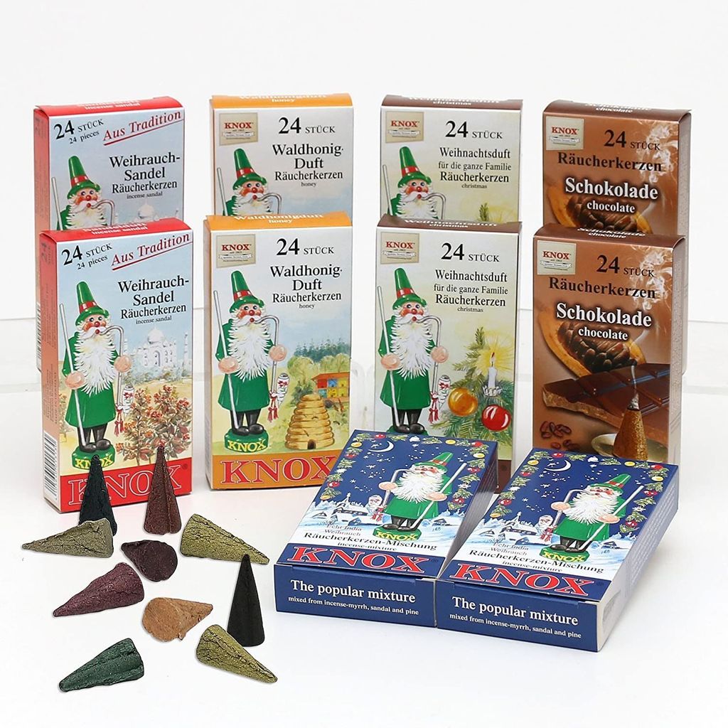 KNOX - 10er Set Räucherkerzen je 2 Päckchen Sandel Waldhonig Weihnachtsduft Schokolade und Bunte Mischung