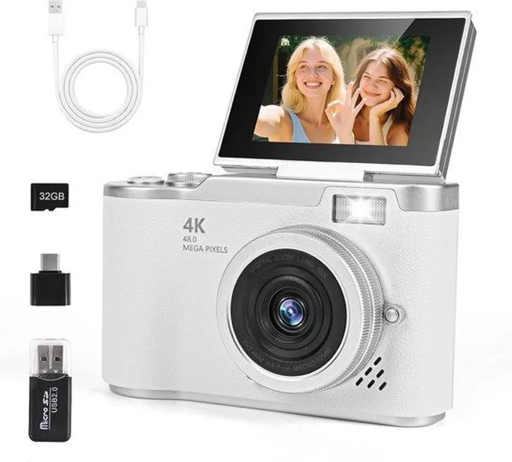 Appareil photo Vlog pour débutant Full HD avec carte mémoire 32 Go blanc