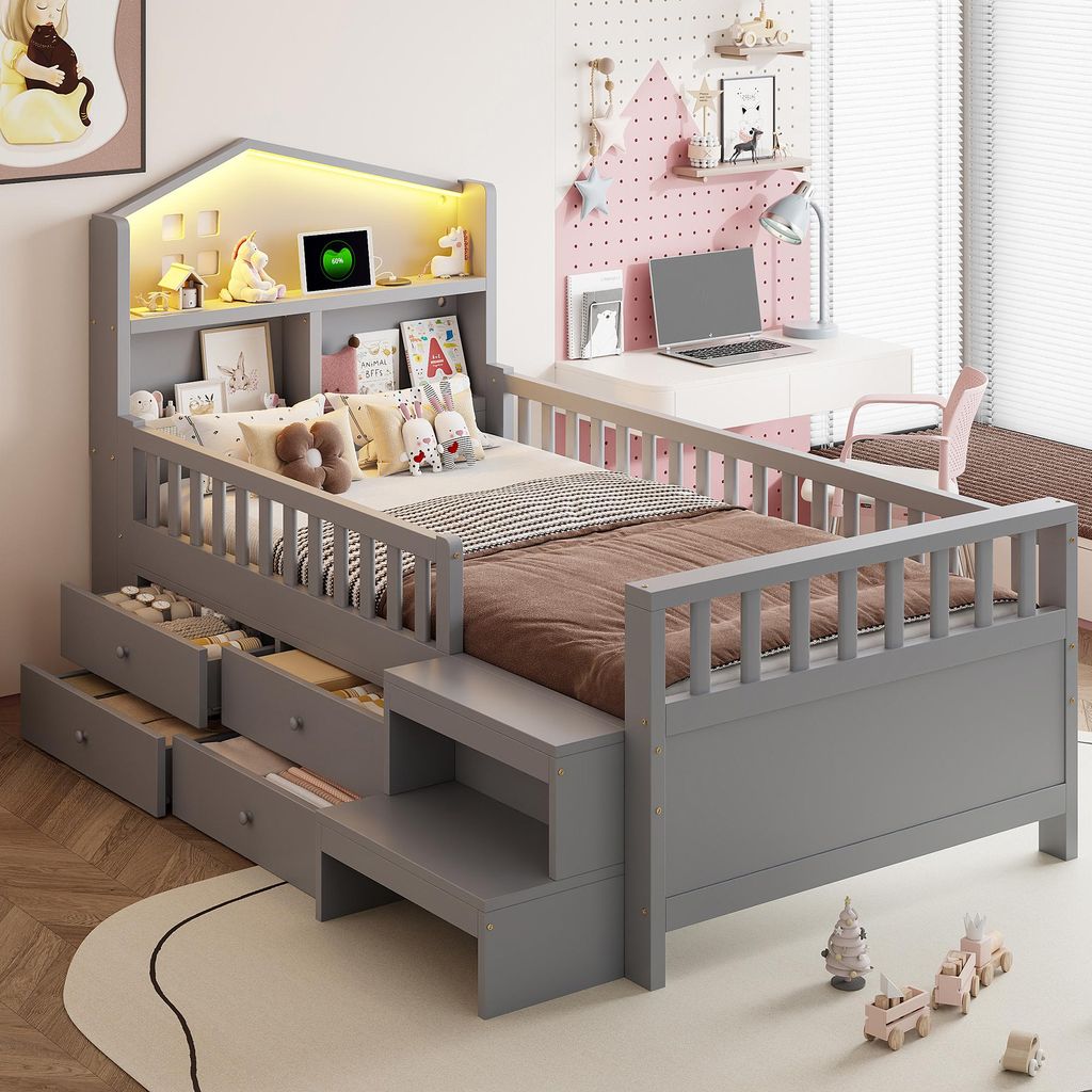Merax Kinderbett Hausbett 90x200cm mit LED und 4 Schubladen, Massivholzbett mit Lattenrost und Sicherheitsgitter, Einzelbett mit Treppe und USB, Grau